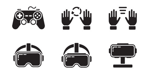 Virtual reality interface icons featuring gaming controllers and headsets for immersive gaming experiences. © Moni