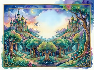 Obraz premium Enchanted fantasy landscape with magical castles, ancient trees and mystical valley at sunset. Fairy tale kingdom scenery for storytelling and adventure themes.