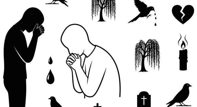 Sadness and mourning concept icons with grieving people and symbols.