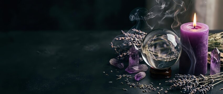 Purple candle burning with crystal ball, dried lavender flowers and mystical accessories on dark wooden surface for spiritual meditation and fortune telling.
