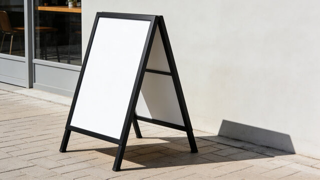 features a style and type of a-frame sandwich board sign with a minimalist design. The layout is simple, showcasing a double-sided, freestanding structure with a black frame and white display panels. 