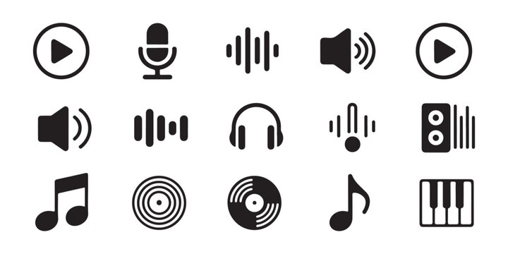 Audio and music media icons set featuring play buttons volume controls microphones and musical symbols.