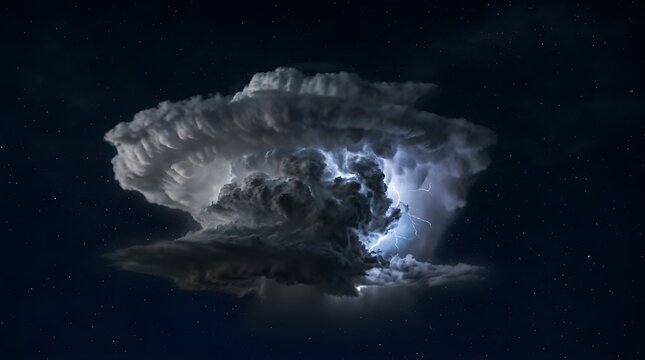 Isolated Thunderhead Cloud with Internal Electrical Lightning Spark in Deep Dark Starry Night Sky Outer Space Fantasy Background Art
