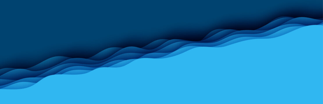 Cut out diagonal deep ocean rift waves floor. Blue layered smooth shadow papercut art. 3d abstract vector origami environment. Wavy top border view paper cut style.