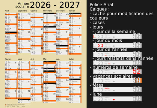 Calendrier scolaire 2026-2027, calques, vacances scolaires, Saints, 12 mois