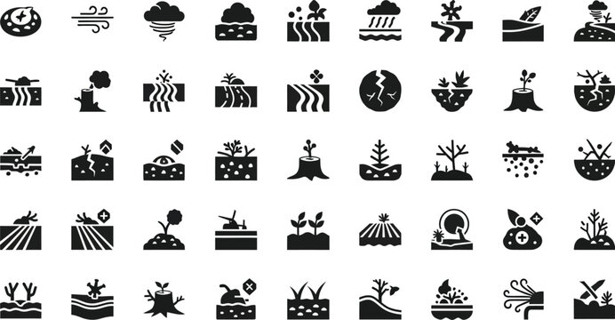 Environmental icons depicting soil degradation and weather patterns illustrate the consequences of climate change on landscapes.