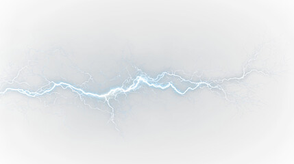 Blue and white lightning strikes across isolated on transparent background showing electrical discharge and bright flashes of light, light overlay, PNG © Liubov