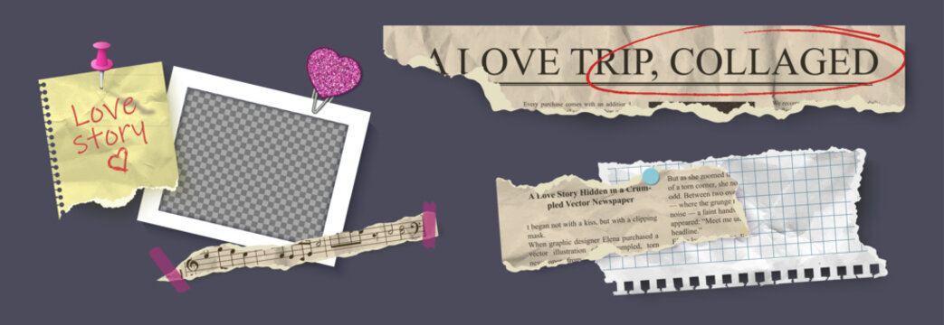 Ripped article clipping page for love story, scrapbook collage. Photo frame with pieces of vintage torn newspaper and post-it notes attached with tape pushpins paper clip. Vector with music dummy text