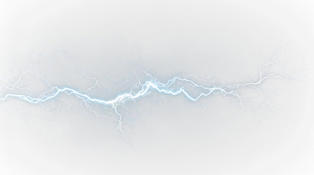 Blue and white lightning strikes across isolated on transparent background showing electrical discharge and bright flashes of light, light overlay, PNG