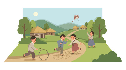 Naklejka premium Children playing traditional Korean games outdoors.