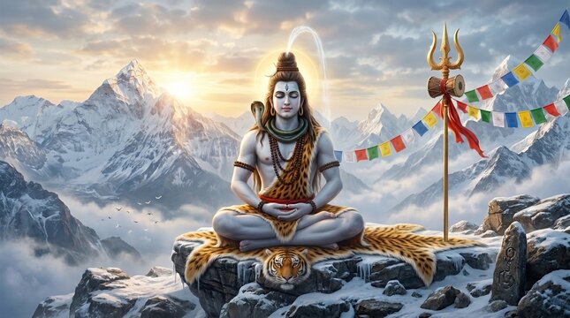 Meditative Shiva portrait beside Himalayan peaks during sunrise for spiritual wellness devotion travel and culture