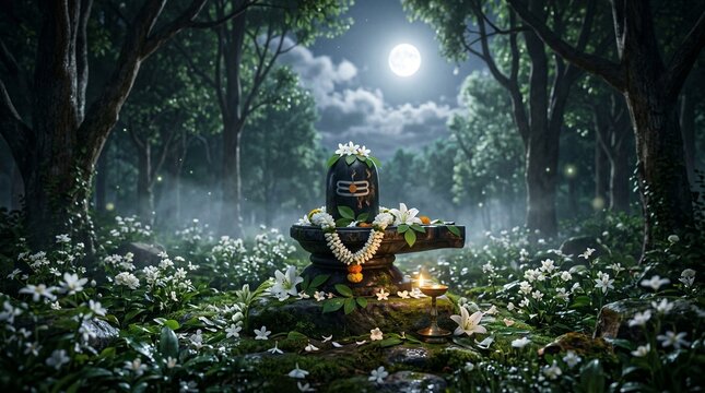 Sacred Shiva Lingam in moonlight forest with floral worship spiritual meditation landscape devotional wallpaper design