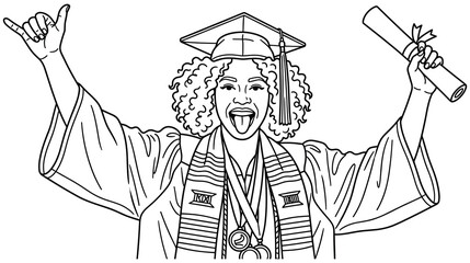 Line art drawing of graduate celebrating with diploma. © NAZMA