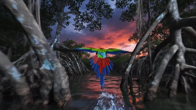 Vibrant Macaw Parrot Flying Through Mangrove Roots at Sunset