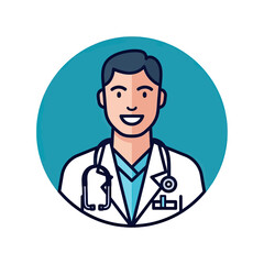 Fototapeta premium Male Medical Professional Avatar, Smiling Doctor Wearing White Lab Coat and Stethoscope, Vector Flat Illustration Profile Icon