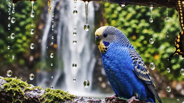 Blue Parakeet With Butterfly Perched by Waterfall