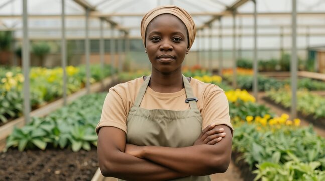 Black woman farmer poses with arms crossed inside greenhouse nursery. Rows of green plants and yellow flowers grow in beds. She wears an apron and head covering.