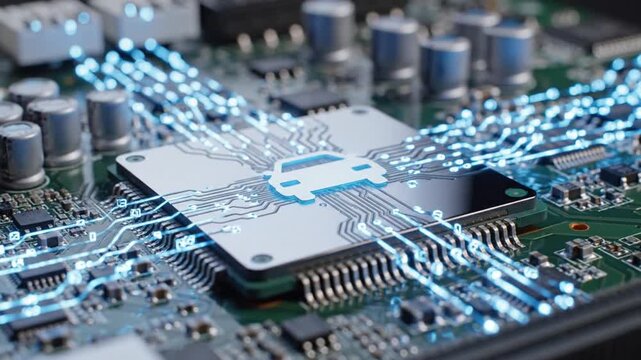 Close-up of a computer chip with glowing blue circuits on a motherboard with various components