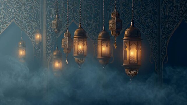 Traditional Moroccan lanterns glowing with ambient smoke in a temple
