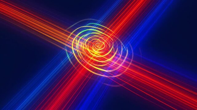 A vibrant abstract composition features intersecting lines of colorful light against a deep blue background, creating a dynamic and visually striking image.