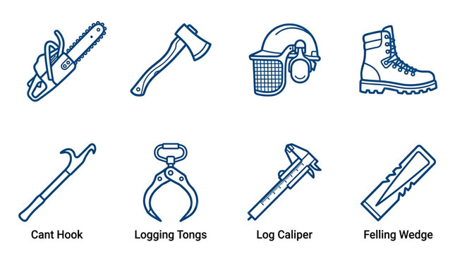Specialized Logging and Forestry Tools Icons Set in Blue Outline Style, isolated white background