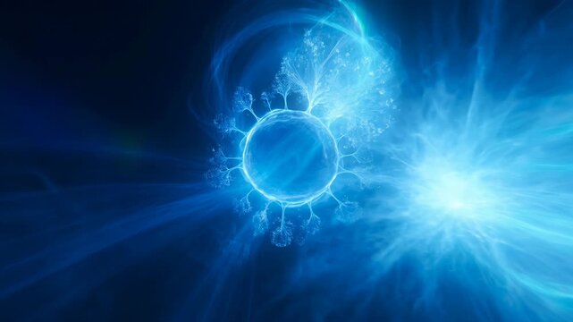 A mesmerizing abstract image showcases a glowing orb surrounded by swirling, luminous blue energy streams against a deep black background, creating a sense of ethereal beauty and cosmic wonder.