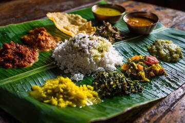 Fototapeta premium Traditional South Indian banana leaf meal with rice, sambar, chutneys and papad