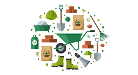 Naklejka premium Flat Vector Illustration of Gardening and Construction Tools in a Circle Arrangement