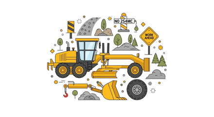 Fototapeta premium Road Construction Motor Grader and Heavy Machinery Illustration with Construction Site Elements