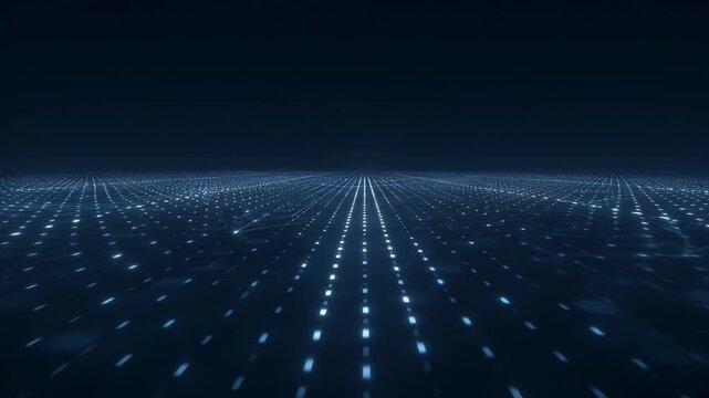 A futuristic, abstract landscape features a network of glowing dots extending into the distance, creating a sense of depth and technological advancement.