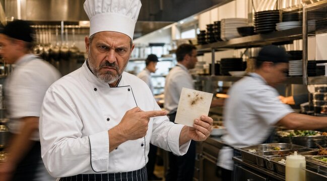 Angry Head Chef Holding Dirty Note in a Busy Commercial Kitchen