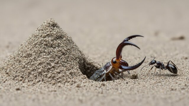 Antlion larva confronting ant near sandy pit in desert environment