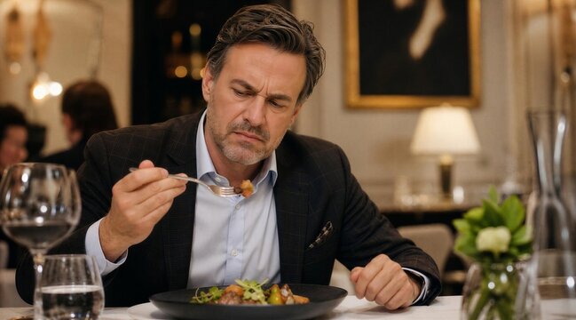 Man Looking Skeptical at Food While Dining in Upscale Restaurant