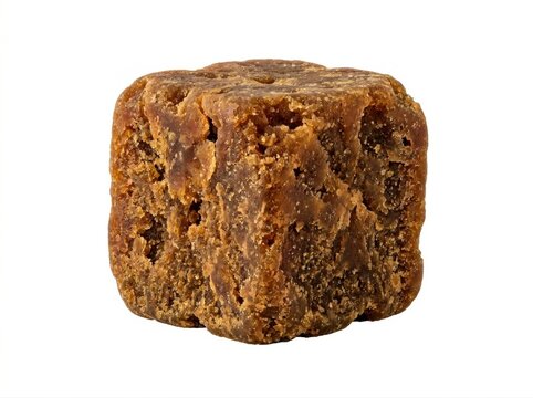 Rough textured brown jaggery block on a pure white background