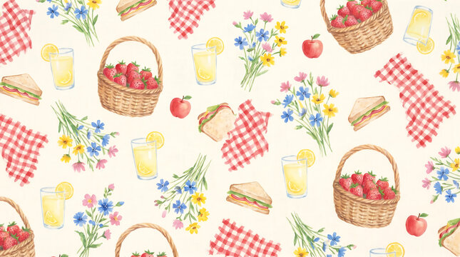 Whimsical picnic pattern featuring baskets of apples wildflowers red gingham napkins food and drink strawberry illustration background