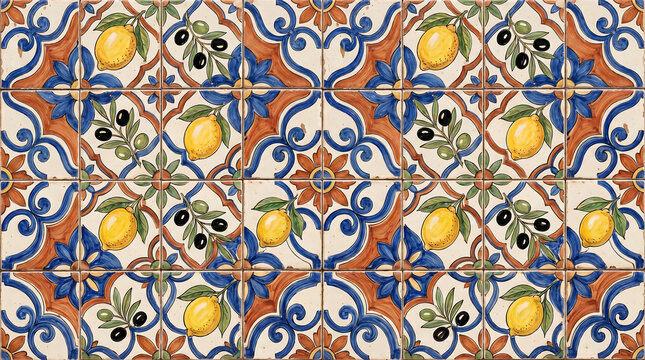 Mediterranean tile pattern with lemons and olives blue and orange decorative design mediterranean decorative traditional architecture interiors