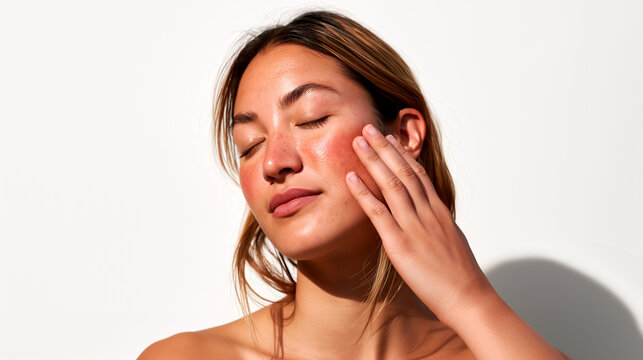 Young woman gently touching flushed rosacea cheek with eyes closed against white background in bright sunlight. Sensitive skin, erythema, facial redness and premium soothing skincare concept.