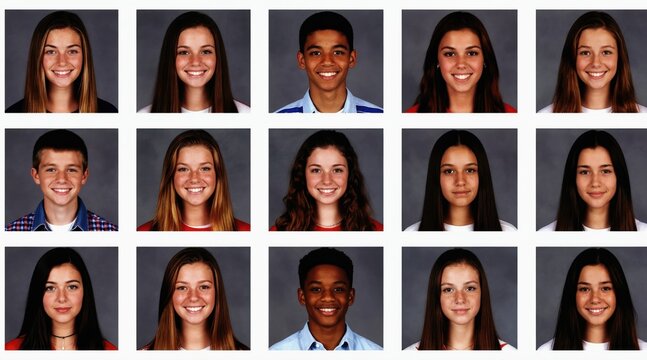 Fifteen diverse teenagers smile for individual yearbook photos arranged in three rows. Boys, girls show happy faces in studio setting. School portraits capture young people graduating soon. Friends