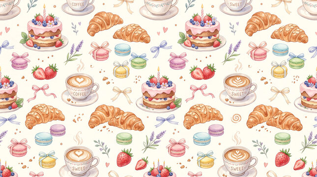 Seamless watercolor pattern with stack of pancakes croissants coffee cups macarons strawberries with lavender sprigs watercolor croissant strawberry