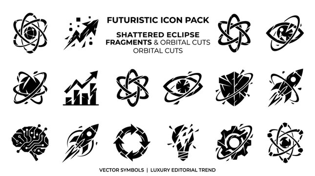 Fragmented futuristic icon pack with shattered abstract technology symbols AI science communication graphics cyber innovation elements and modern monochrome vector collection for startup and interface