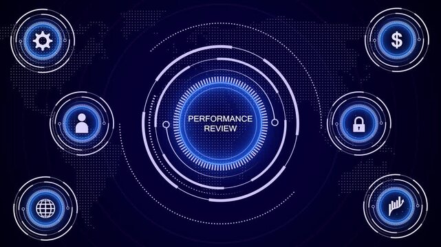 A central glowing blue circle with the words PERFORMANCE REVIEW is surrounded by smaller circular representing business concepts like finance, people, and security against a dark blue map background