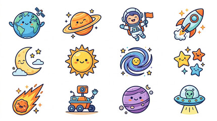 Cute cartoon space objects and characters collection. © Ramdani