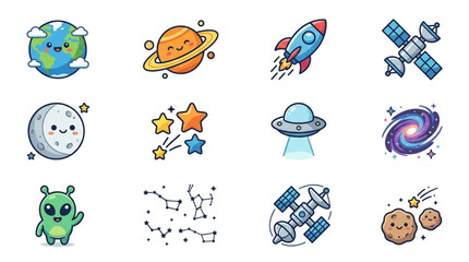 Cute cartoon space objects and planets collection. © Ramdani
