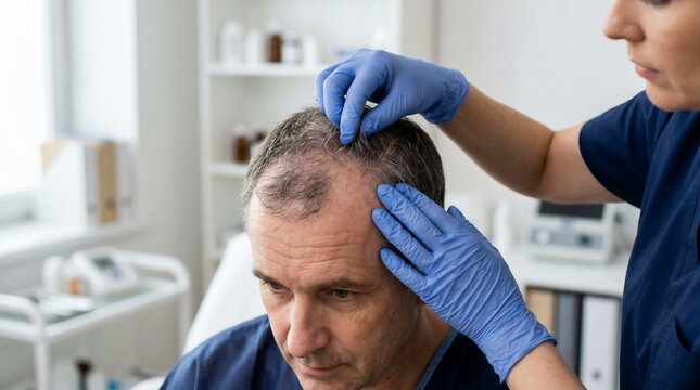 Doctor examines balding man's hair loss in medical office