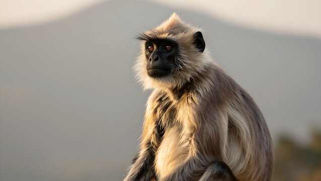 Hanuman langur sitting on a mountain ridge during golden hour