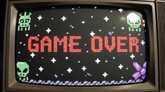 Retro Arcade Game Over Screen on Vintage Television with Pixelated Aliens and Stars.