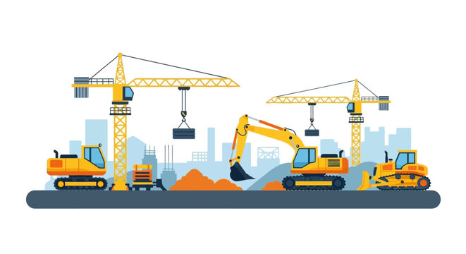 Construction Site Vector Illustration with Heavy Machinery Including Cranes, Excavators, and Bulldozers in a City Skyline Background