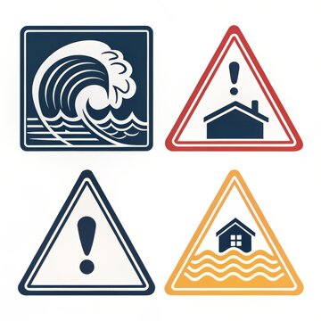 Various warning signs depicting flood hazards and general caution in a square arrangement