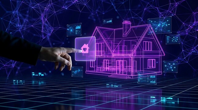 Tangan menyentuh ikon rumah hati modern dalam konsep rumah pintar digital futuristik