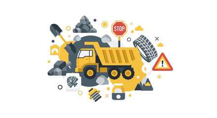 Naklejka premium Industrial Construction and Mining Vector Illustration with Dump Truck, Shovel, and Safety Signs in Modern Flat Design